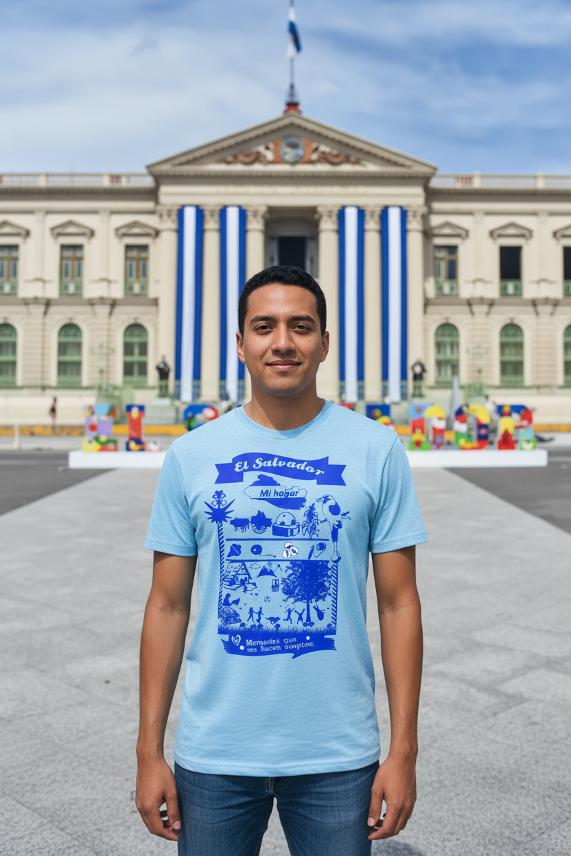 Persona con camiseta El Salvador frente al edificio histórico